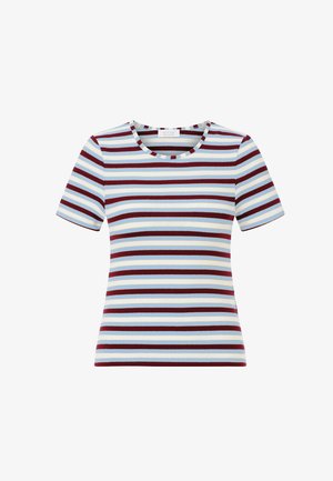 Gestreiftes Kurzarm-T-Shirt mit geribbelter Textur. Die Farben umfassen Weinrot, Hellblau, Dunkelblau und Creme. Rundhalsausschnitt.