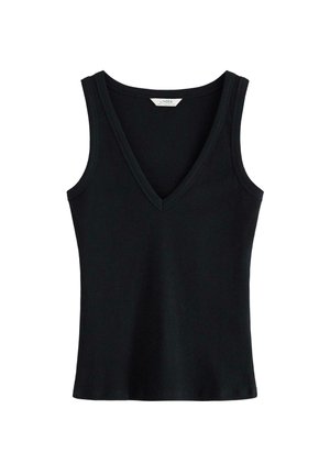 Musta ribattava toppi, jossa on syvä V-kaula-aukko, leveät olkaimet ja istuva siluetti, valmistettu pehmeästä, joustavasta materiaalista.