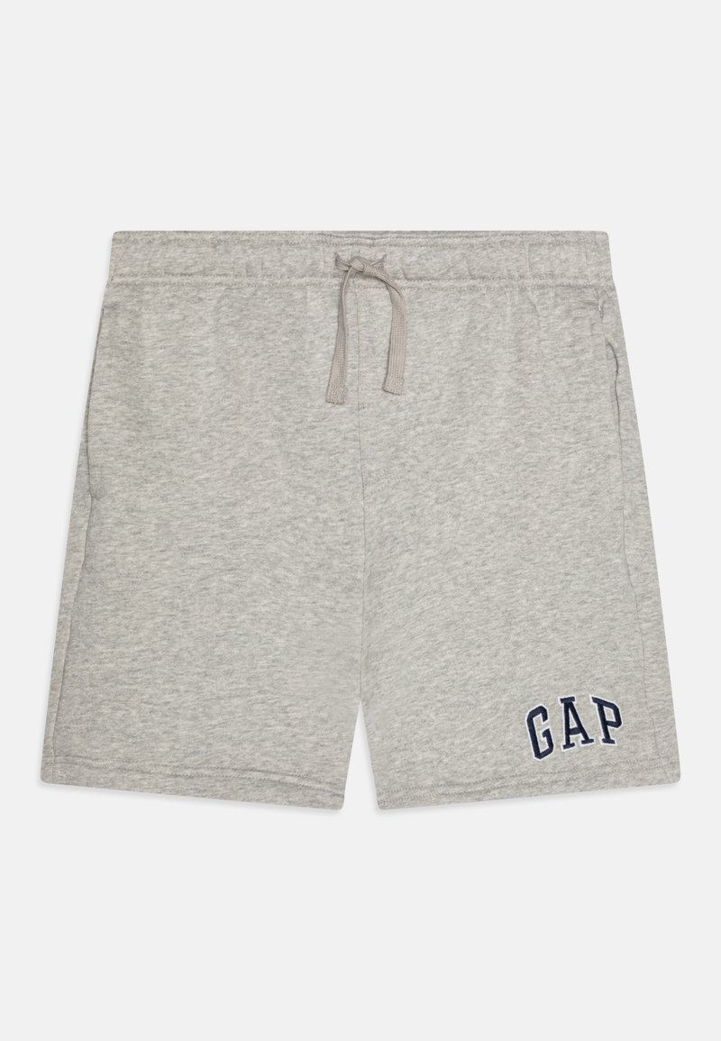 Graue Baumwollshorts mit einem elastischen Bund, ausgestattet mit einem Kordelzug und einem navyblauen "GAP"-Logo, das auf dem linken Bein gestickt ist. Bequeme und lässige Passform.