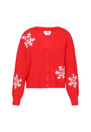 Cardigan lavorato a maglia rossa con scollo a V, tre bottoni e motivi di fiocchi di neve bianchi sulle maniche. Texture morbida, lunghezza corta.