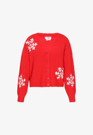 Rød strikket cardigan med V-udskæring, tre knapper og hvide snemandsmønstre på ærmerne. Blød tekstur, cropped længde.