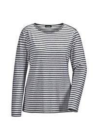 Grijs en witte gestreepte langemouwen shirt met een ronde hals. Gemaakt van zacht materiaal, met horizontale strepen van verschillende breedtes.