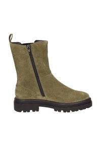 Olivgrüner Wildleder-Stiefelette mit seitlichem Reißverschluss, schwarzer Sohle und Zugschlaufe an der Rückseite. Abgerundete Spitze und strukturierte Oberflächenbeschaffenheit.
