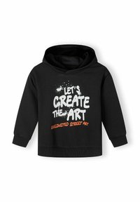 Black hoodie made of cotton-blend fabric, featuring a graphic print in white and orange with the text “Let’s Create the Art” and “Unlimited Street Art.”