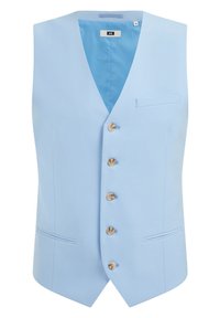 Jasnoniebieska kamizelka z dekoltem w serek, pięcioma drewnianymi guzikami, dwoma bocznymi kieszeniami oraz jedną kieszenią na piersi. Gładka tkanina w jednolitym kolorze.