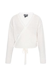 Maglione avvolgente bianco, strutturato, con bordo a scallop, scollatura a V e chiusura con cravatta in vita. Maniche lunghe con polsini a costine.