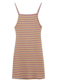 Robe sans manches côtelée à rayures horizontales dans des couleurs pastel : rose, jaune et lavande. Dotée de fines bretelles.