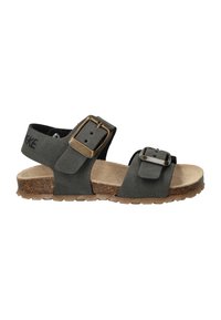 Grijze sandalen met twee verstelbare bandjes, waarvan één met een metalen gesp, kurken zool en gestructureerd bovenmateriaal. Lichtgewicht en open ontwerp.