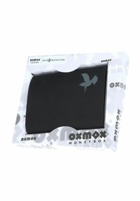Portefeuille végan noir avec protection RFID et logo d’oiseau, emballé dans une boîte blanche marque Oxmox Moneybox.