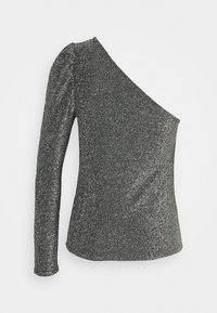 Asymmetrisches Langarmoberteil aus metallic silbernem Stoff mit einer strukturierten, funkelnden Oberfläche; eleganter Schnitt und figurbetonte Form.