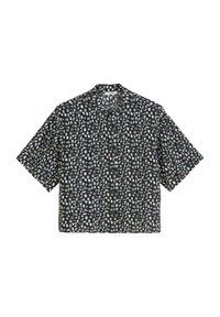 Schwarzes kurzärmliges Hemd mit einem sich wiederholenden Muster aus weißen und hellblauen abstrakten Formen und Designs. Mit Knopfleiste vorne, lässiger Schnitt.