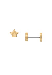 Pendientes de studs en forma de estrella en tono dorado, con una textura brillante y suave y un poste de metal, que cuentan con un respaldo de estrella a juego para un ajuste seguro.