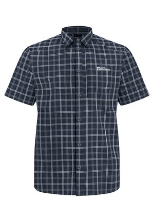 Kurzärmeliges kariertes Hemd in Marineblau mit weißem Karomuster. Verfügt über eine Knopfleiste vorne und ein Logo auf der linken Brust. Aus Baumwollmischgewebe.