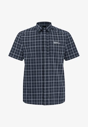 Kurzärmeliges kariertes Hemd in Marineblau mit weißem Karomuster. Verfügt über eine Knopfleiste vorne und ein Logo auf der linken Brust. Aus Baumwollmischgewebe.