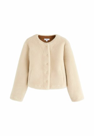 Veste en fausse fourrure de couleur crème avec un col arrondi, fermeture à six boutons à l'avant et deux poches latérales. Texture douce et forme carrée.