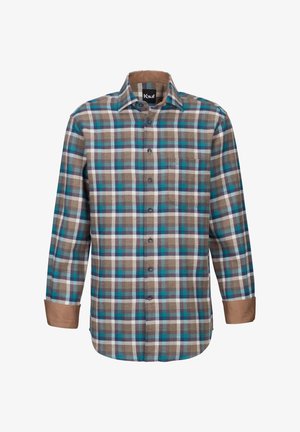 Herren-Hemd mit Knopfleiste im karierten Muster, das Braun, Teal und Weiß zeigt. Aus Baumwolle gefertigt, mit langen Ärmeln und kontrastierenden braunen Manschetten.
