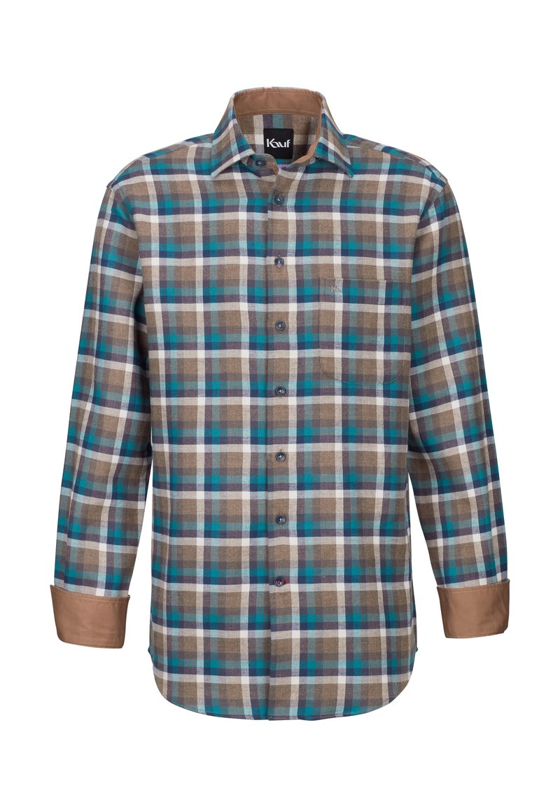 Herren-Hemd mit Knopfleiste im karierten Muster, das Braun, Teal und Weiß zeigt. Aus Baumwolle gefertigt, mit langen Ärmeln und kontrastierenden braunen Manschetten.