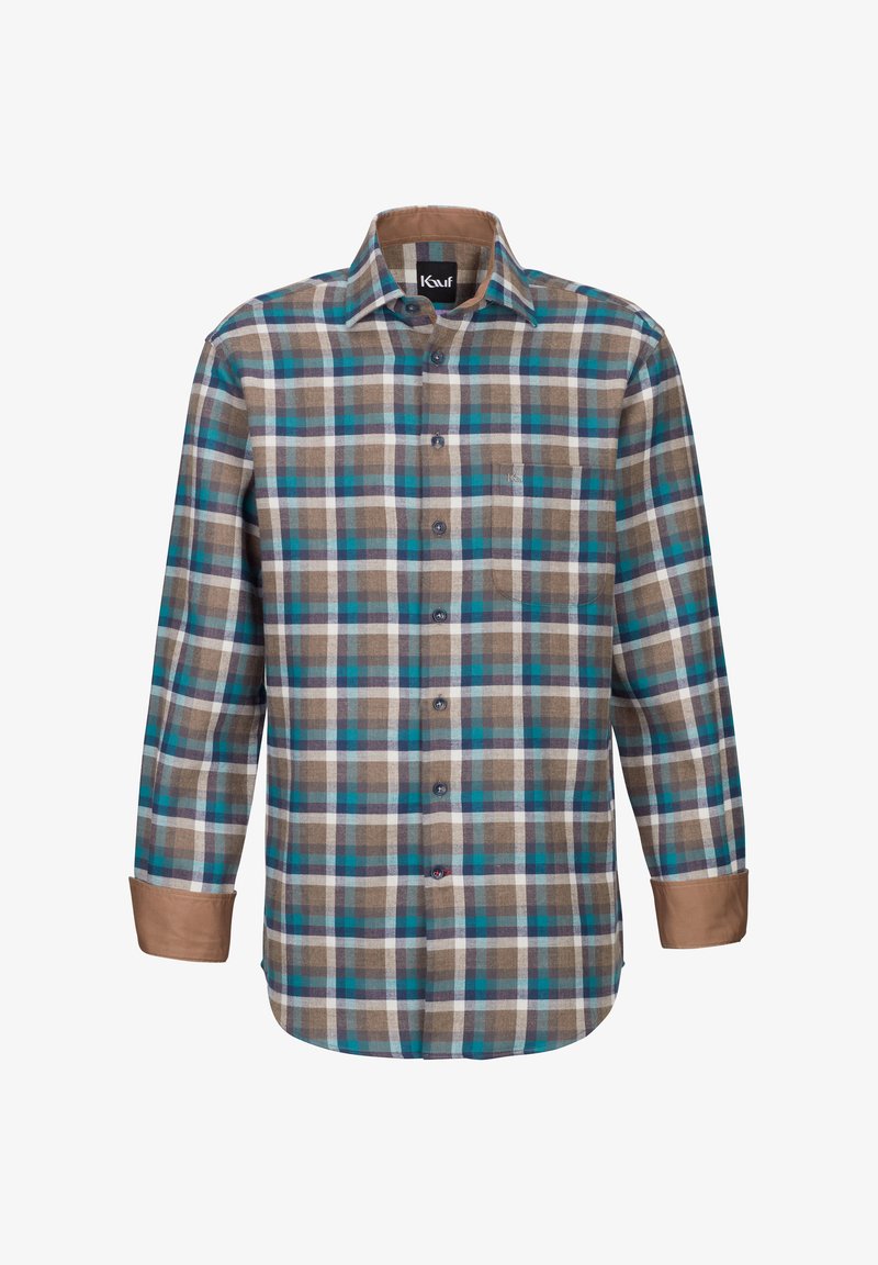 Camicia da uomo con bottoni in fantasia tartan, nei colori marrone, teal e bianco. Realizzata in cotone, presenta maniche lunghe e polsini marroni a contrasto.