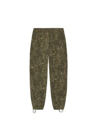Pantaloni cargo de camuflaj în verde închis, cu un model texturat. Prezintă manșete elasticizate și un tiv cu șnur.