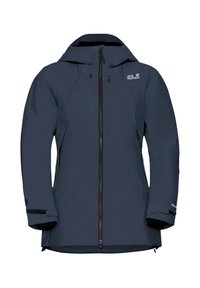 Navy wasserfeste Jacke mit Reißverschluss vorne, verstellbarem Kapuze und Klettverschlussärmeln. Hergestellt aus strapazierfähigem Material mit glatter Textur und Logodetail.