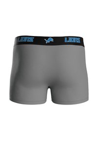 Szare bokserki z czarnym paskiem w talii ozdobionym niebieskim napisem „LIONS” i logo. Gładka faktura, dopasowany krój i długość sięgająca do połowy uda.