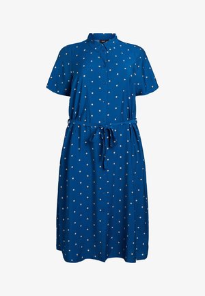 Niebieska sukienka na guziki z lekkiego materiału, z krótkimi rękawami, wiązanym w pasie i w kremowe kropki.