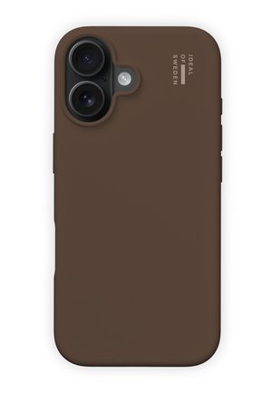 Custodia per telefono in silicone marrone con texture liscia, ritagli per la fotocamera e marchio in rilievo sul lato. Bordi arrotondati per una vestibilità aderente.