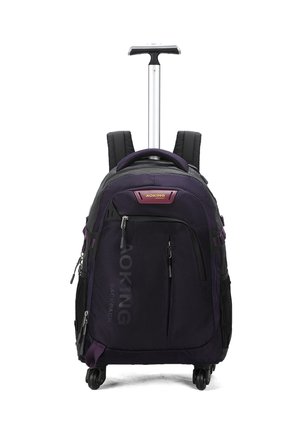 Zaino a rotelle in tessuto viola scuro con molteplici scomparti con zip, spallacci regolabili, manico retrattile e ruote lisce.