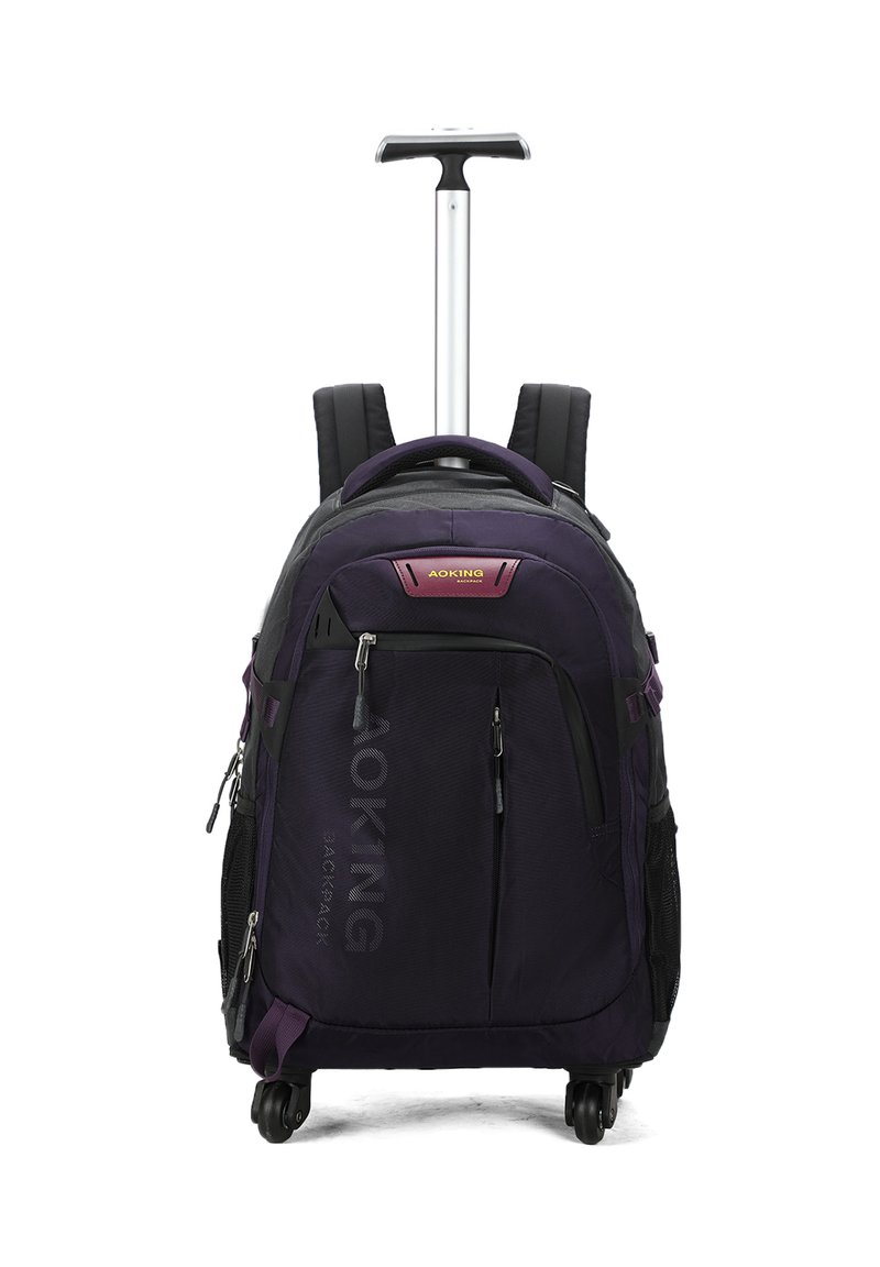 Zaino a rotelle in tessuto viola scuro con molteplici scomparti con zip, spallacci regolabili, manico retrattile e ruote lisce.