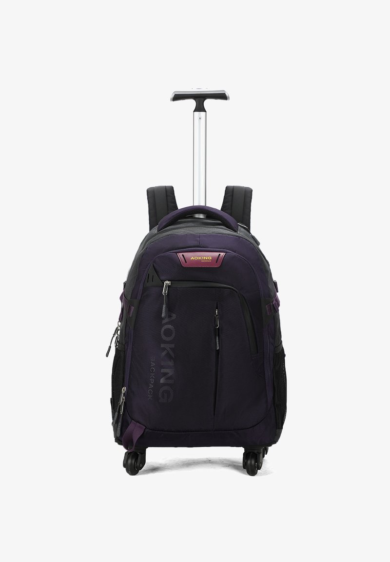 Rollende rugzak in donker paarse stof met meerdere ritscompartimenten, verstelbare riemen, een uittrekbare handgreep en soepele wielen.