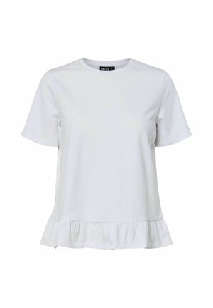 Haut blanc pour femmes à manches courtes avec encolure ronde et détail volanté à l'ourlet.