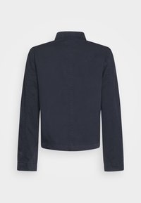 Dark navy blue long-sleeve jacket shown from back with a collar and visible vertical seam down the center.