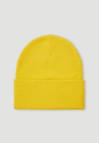 Yellow knit beanie with a folded cuff, featuring a smooth texture and a rounded top. Made of flexible material for comfort and warmth.