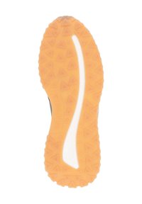Schoenzool met een oranje rubberen basis, voorzien van driehoekige profiel en een witte tussenzoolstreep, textuur voor grip en duurzaamheid.