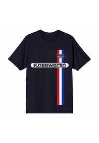 Navy blue cotton t-shirt with short sleeves featuring white "Knebworth" text and red, white, and blue vertical stripes and "oasis" logo.