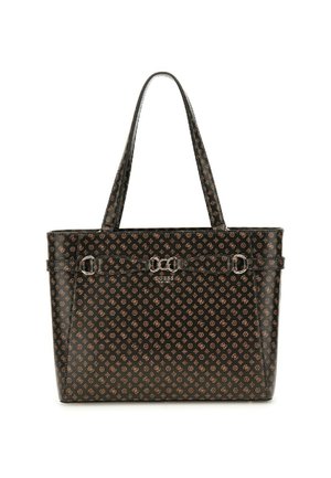 Borsa a tracolla nera con un motivo monogramma marrone. Texture liscia, doppi manici, dettagli in metallo e una forma rettangolare strutturata.