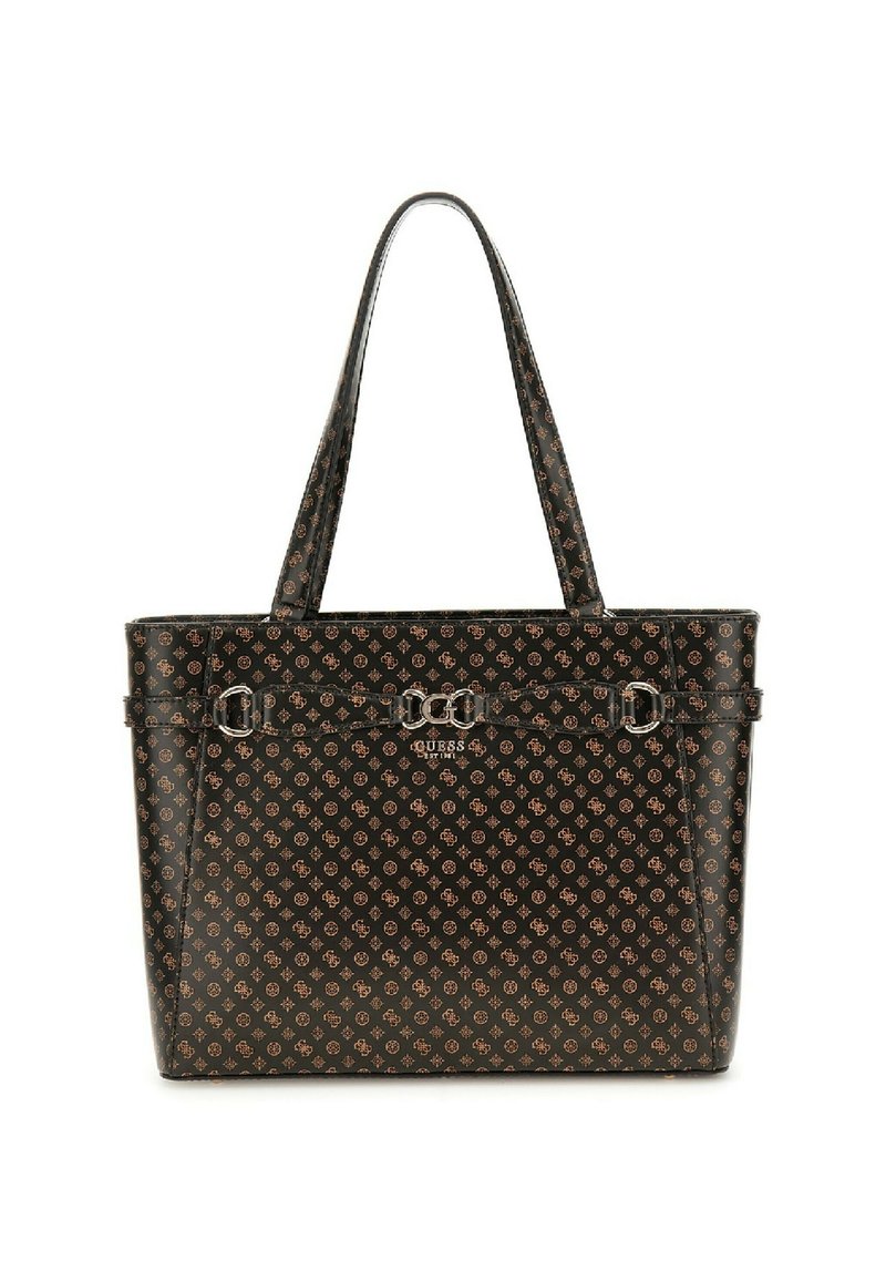 Borsa a tracolla nera con un motivo monogramma marrone. Texture liscia, doppi manici, dettagli in metallo e una forma rettangolare strutturata.