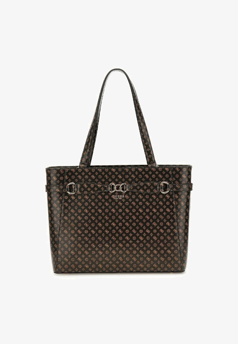 Borsa a tracolla nera con un motivo monogramma marrone. Texture liscia, doppi manici, dettagli in metallo e una forma rettangolare strutturata.