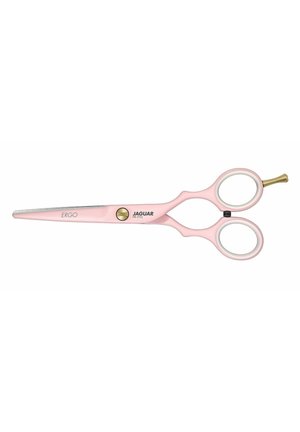 Pink ergonomic scissors with a stainless steel blade, circular finger grips, golden pivot screw, and a sleek, smooth design.