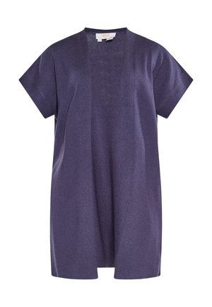 Fialový pletený kardigan s krátkými rukávy, otevřeným předním designem, vyznačující se texturovaným pleteným vzorem a volným střihem. Měkká látka s jemným leskem.