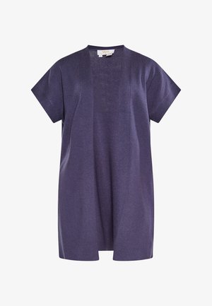 Vijolični pleteni kardigan s kratkimi rokavi, odprtega sprednjega dela, z teksturiranim pletenim vzorcem in sproščenim krojem. Mehka tkanina z rahlim sijajem.