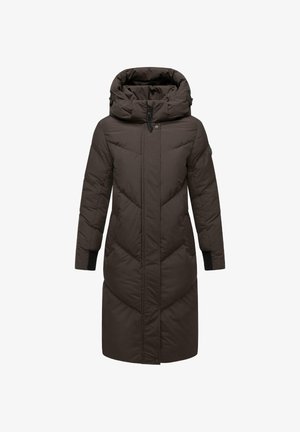 Piumino marrone con colletto alto e cappuccio, caratterizzato da un design a rombi, maniche lunghe e tasche laterali. Tessuto testurizzato.