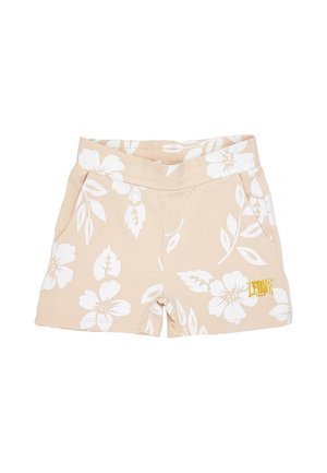 Short beige avec une taille élastique, un imprimé floral blanc, des poches latérales et un logo jaune.