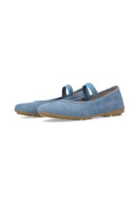 Blaue Wildleder-Balletschuhe mit abgerundetem Zeh und zwei dünnen Riemen über dem Spann. Gummisohle mit strukturiertem Grip für bessere Traktion.