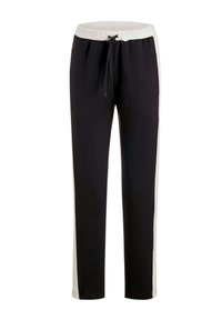 Zwarte joggingsbroek met een witte elastische tailleband en zijstrepen. Zachte stof, rechte pasvorm en verstelbaar trekkoord. Simpel ontwerp.