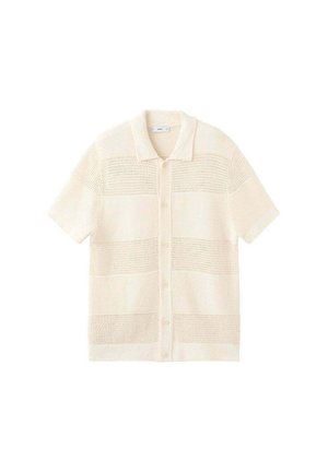 Chemise en tricot crème à manches courtes avec boutons, rayures horizontales alternant entre unies et ajourées, col pointu.