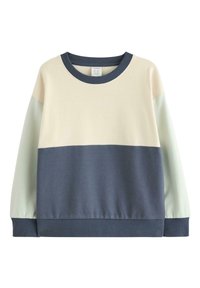 Bluza kolorowa z blokami w kremowym, jasnozielonym i granatowym kolorze. Miękki bawełniany materiał, okrągły dekolt oraz ściągacze przy rękawach.