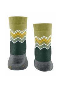 Grün- und graue Socken mit einem Zickzackmuster. Sie verfügen über wechselnde Farben in Oliv, Gelb und Weiß. Texturierte Sohlen für besseren Halt.