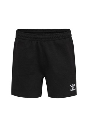 Shorts neri in cotone con vita elastica. Presentano un logo bianco sul lato inferiore destro e un design semplice e privo di ornamenti.