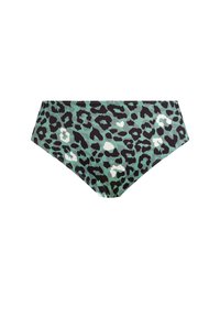 Bikini kalhotky s leopardím vzorem v zelené, černé a bílé barvě. Vyrobeno z hladkého materiálu s klasickým, vysokým pasem.